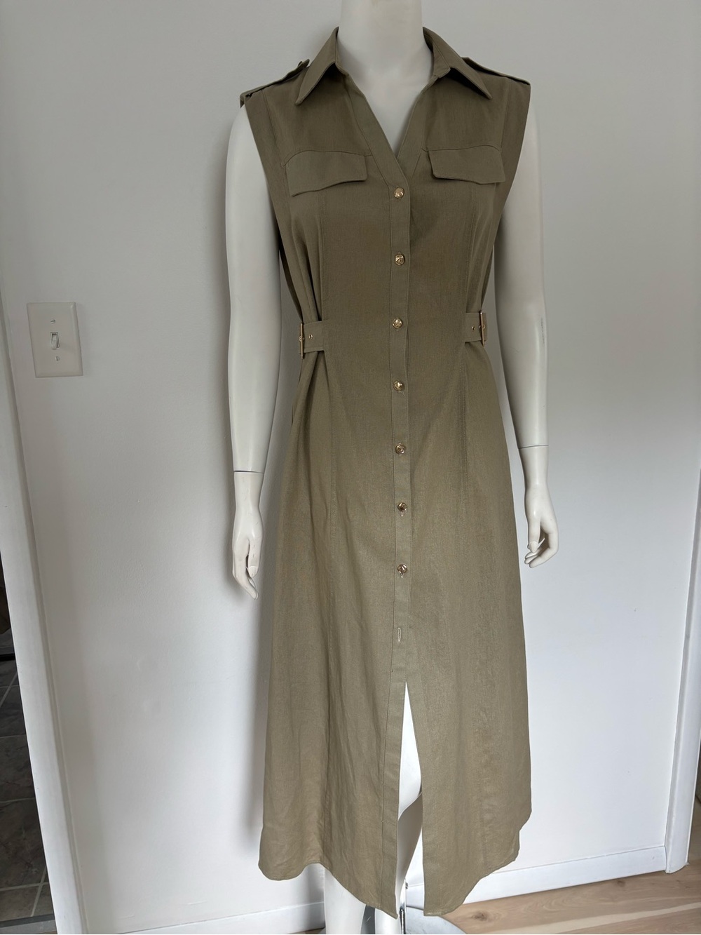 Zara Olive Sleeveless Midi Shirt Dress